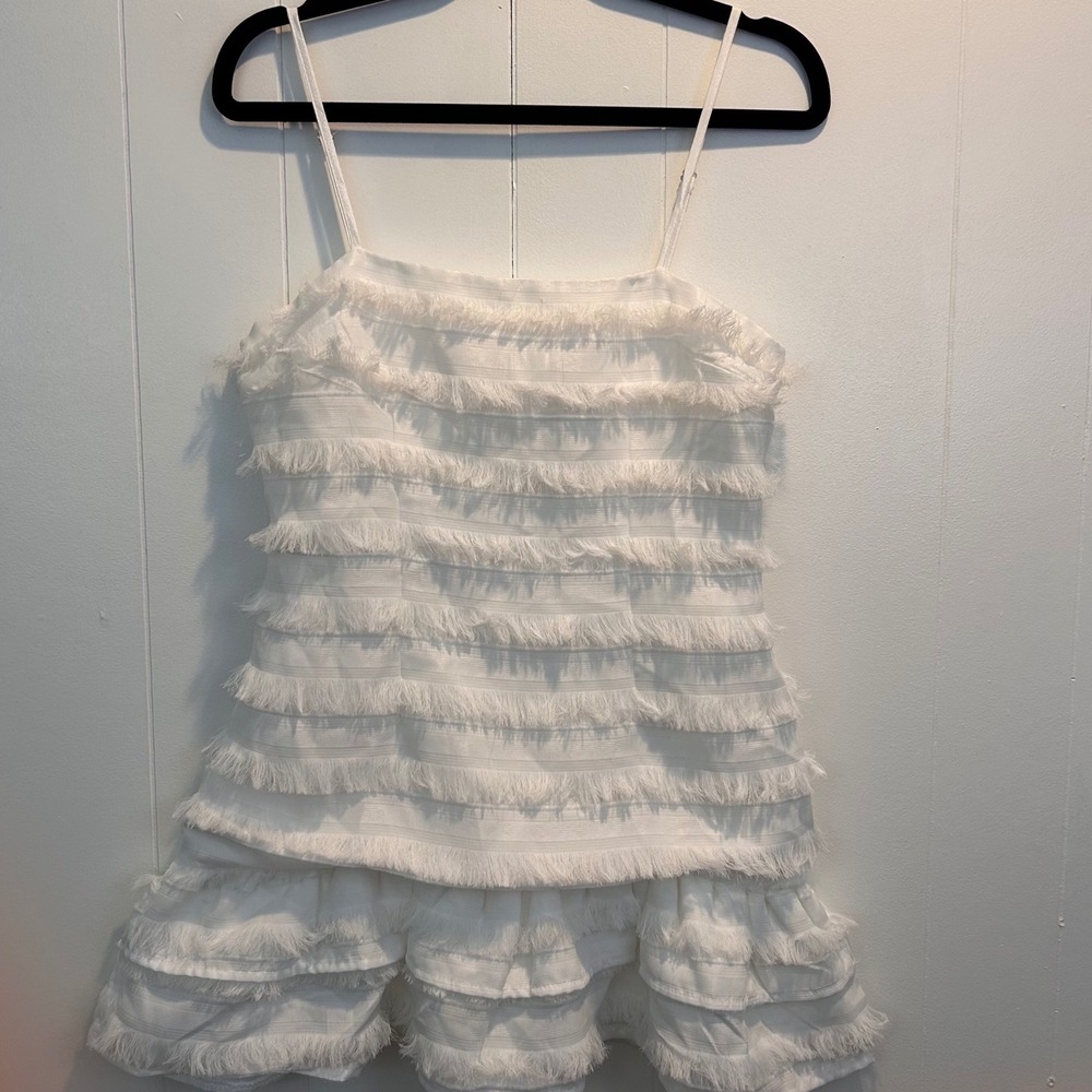 Princess Polly White Fringe Tiered Mini Dress Adjustable Straps Size‎ 2 US